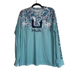 Huk Fishing Long Sleeve Performance Shirt Camo Aqua Blue‎ Mens Small S